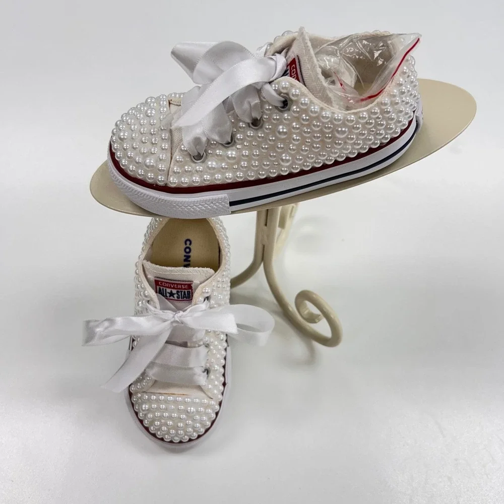 Converse Chuck Taylor All Star Baby Custom Pearl Satin Ribbon Sneakers White 7.5